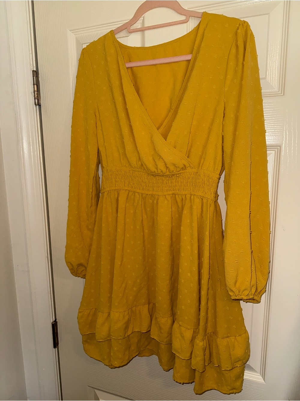 Women's Mustard Yellow Long Sleeve V-Neck Tiered Dress